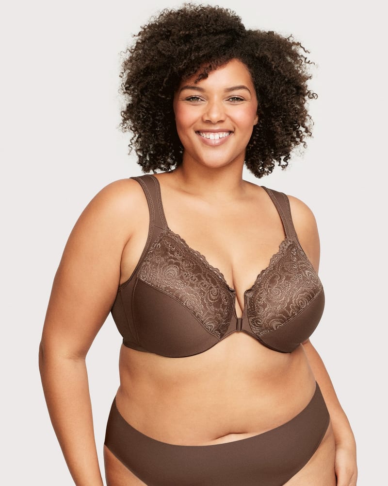 Front of a model wearing a size 38D WonderWire Front-Closure Bra in Mocha by Glamorise. | dia_product_style_image_id:263000
